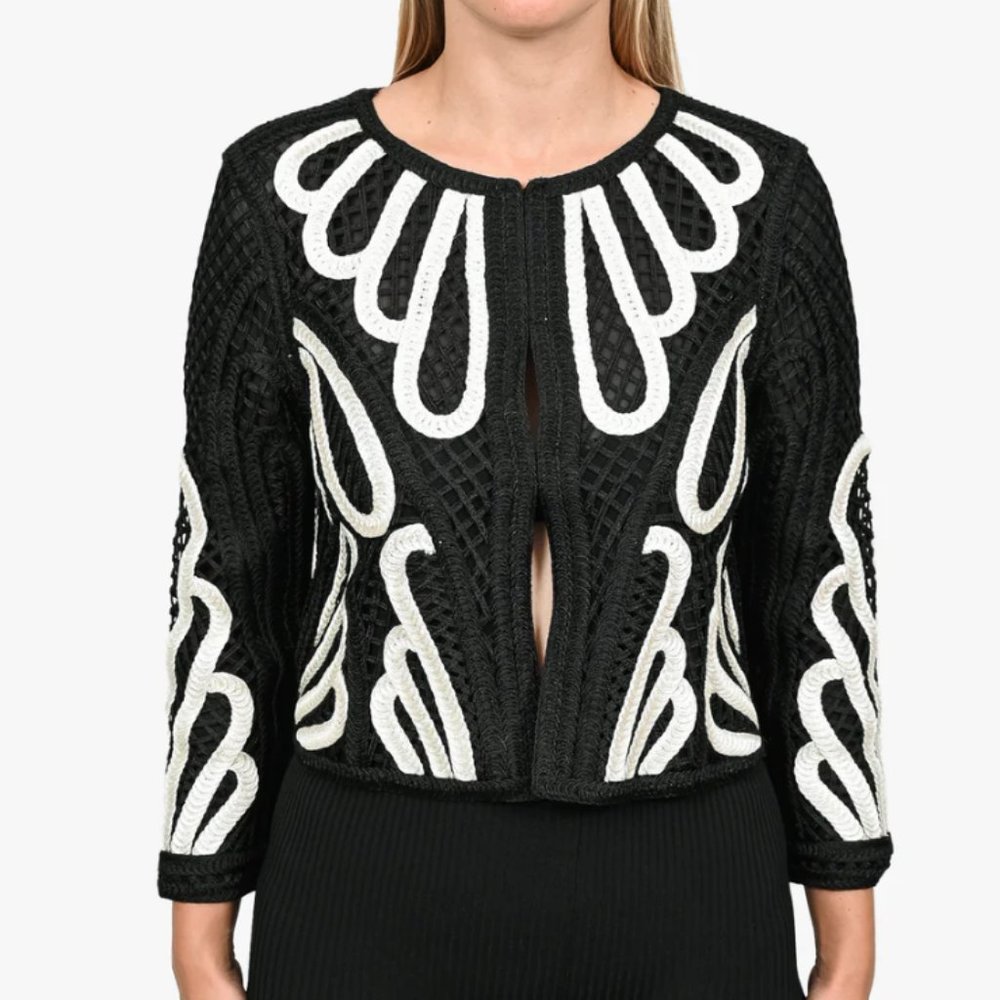 Maje Black/Cream Crochet Knit Evening Jacket Size 38 - Picture 2 of 2